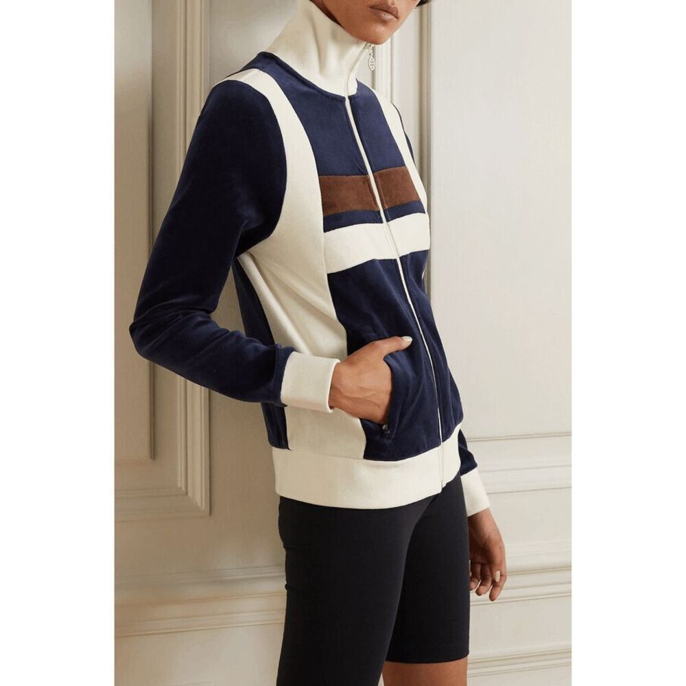 Tory Burch Blue Color Block Cotton Blend Velour Track Jacket Women's Size XS